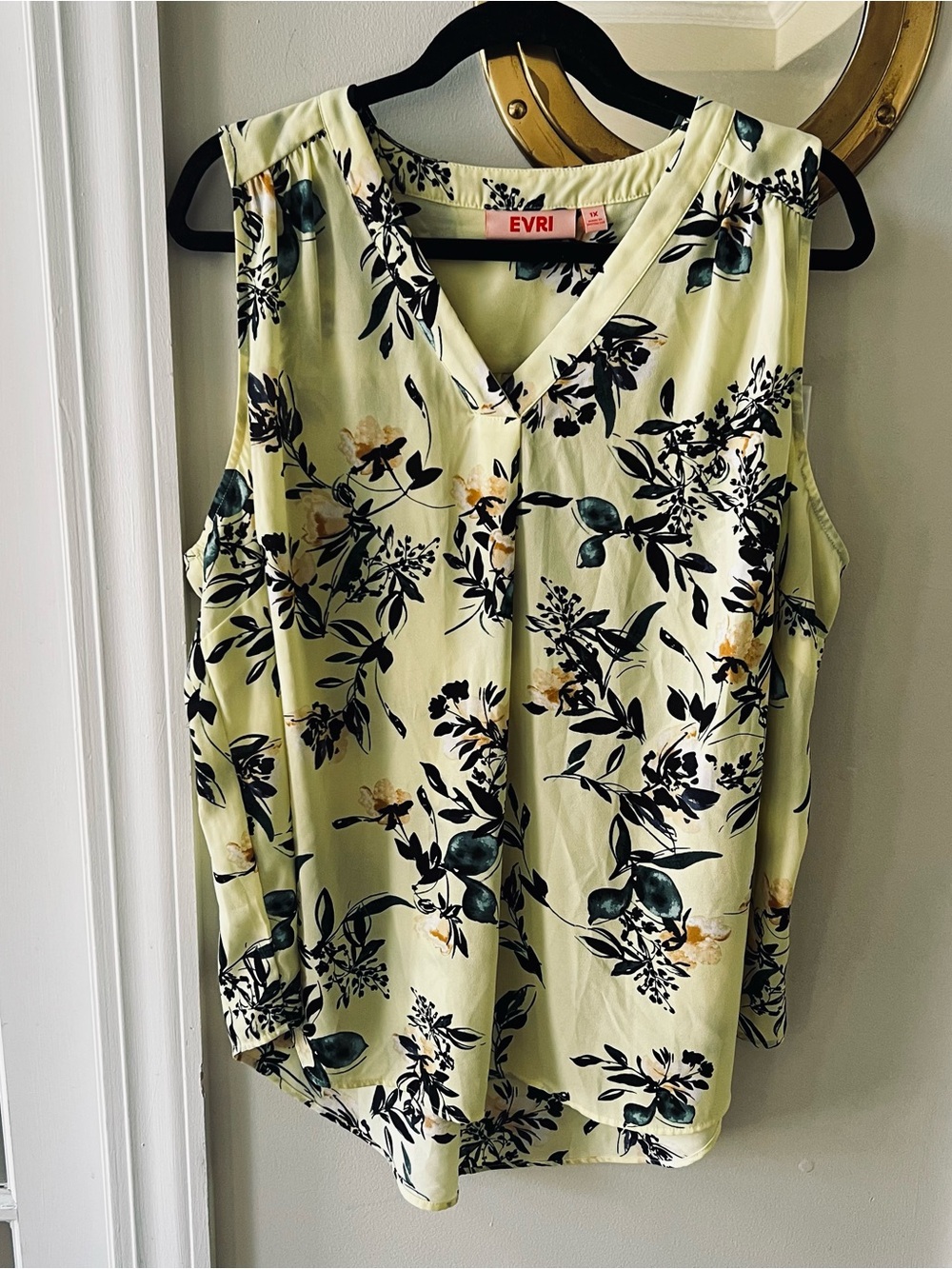 EVRI  Floral V-Neck Sleeveless Top with Black & Dark Green Accents